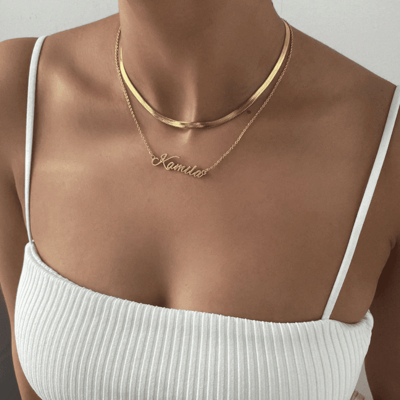 Moonela layered gold plated herringbone and name necklaces, modern alternative to gold vermeil jewellery