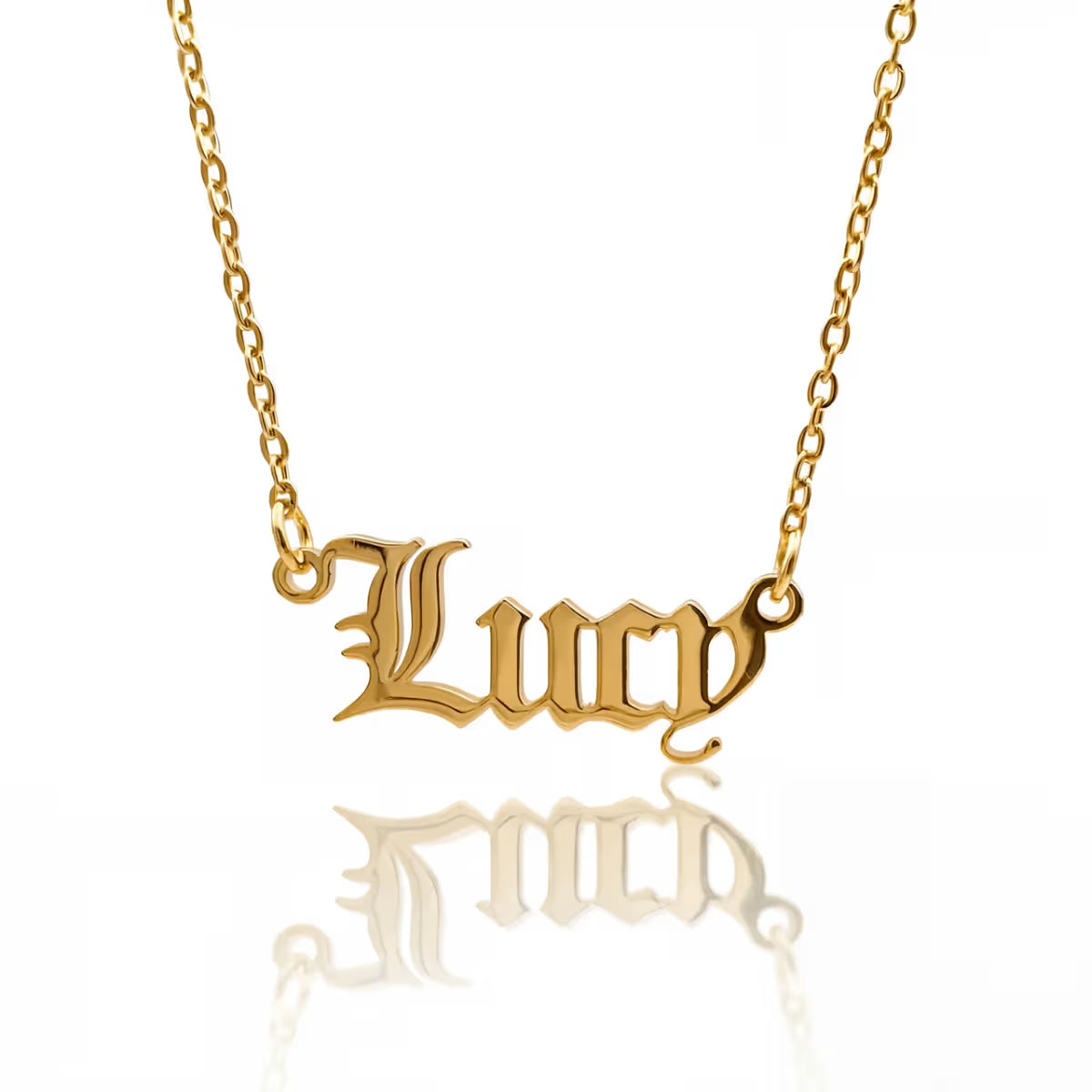 personalised Old English Name Plate Necklace in waterproof gold
