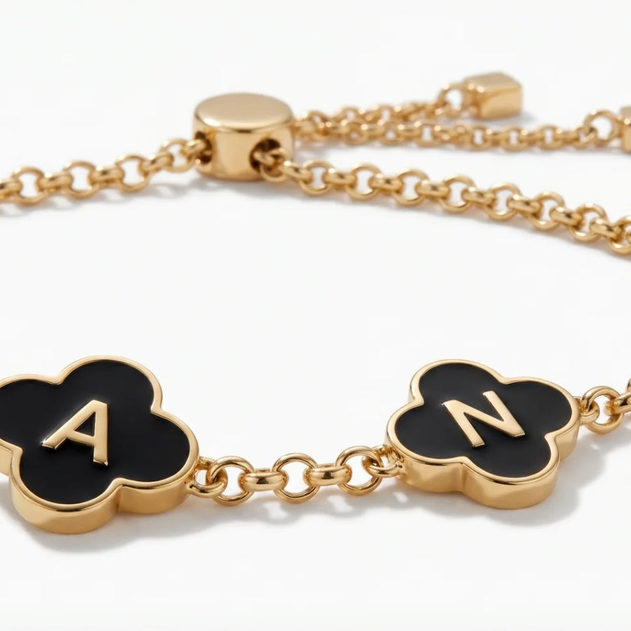 Personalised Black Enamel Clover Bracelet pearl macro detail