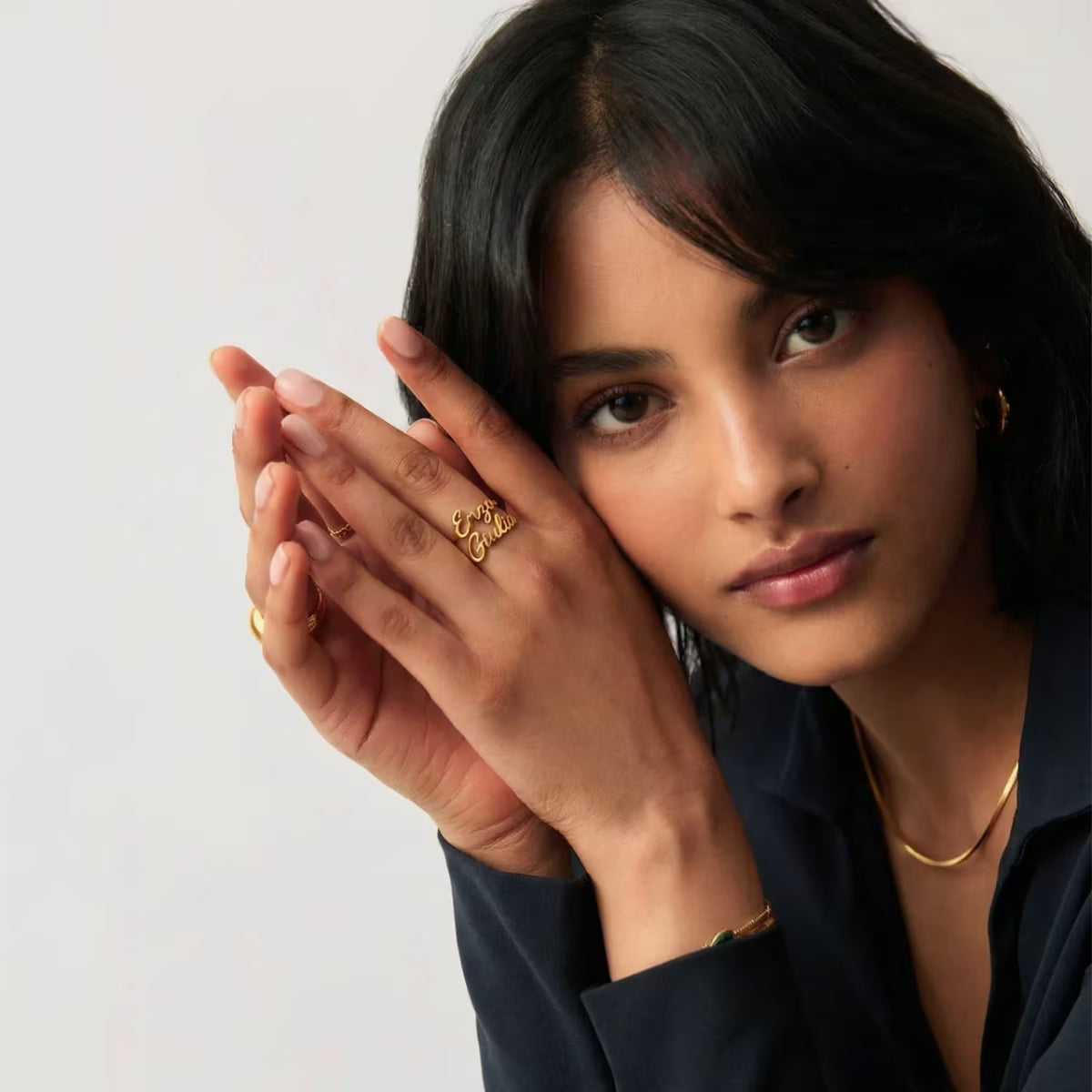 Two Names Custom Ring close up showing tarnish-free detail