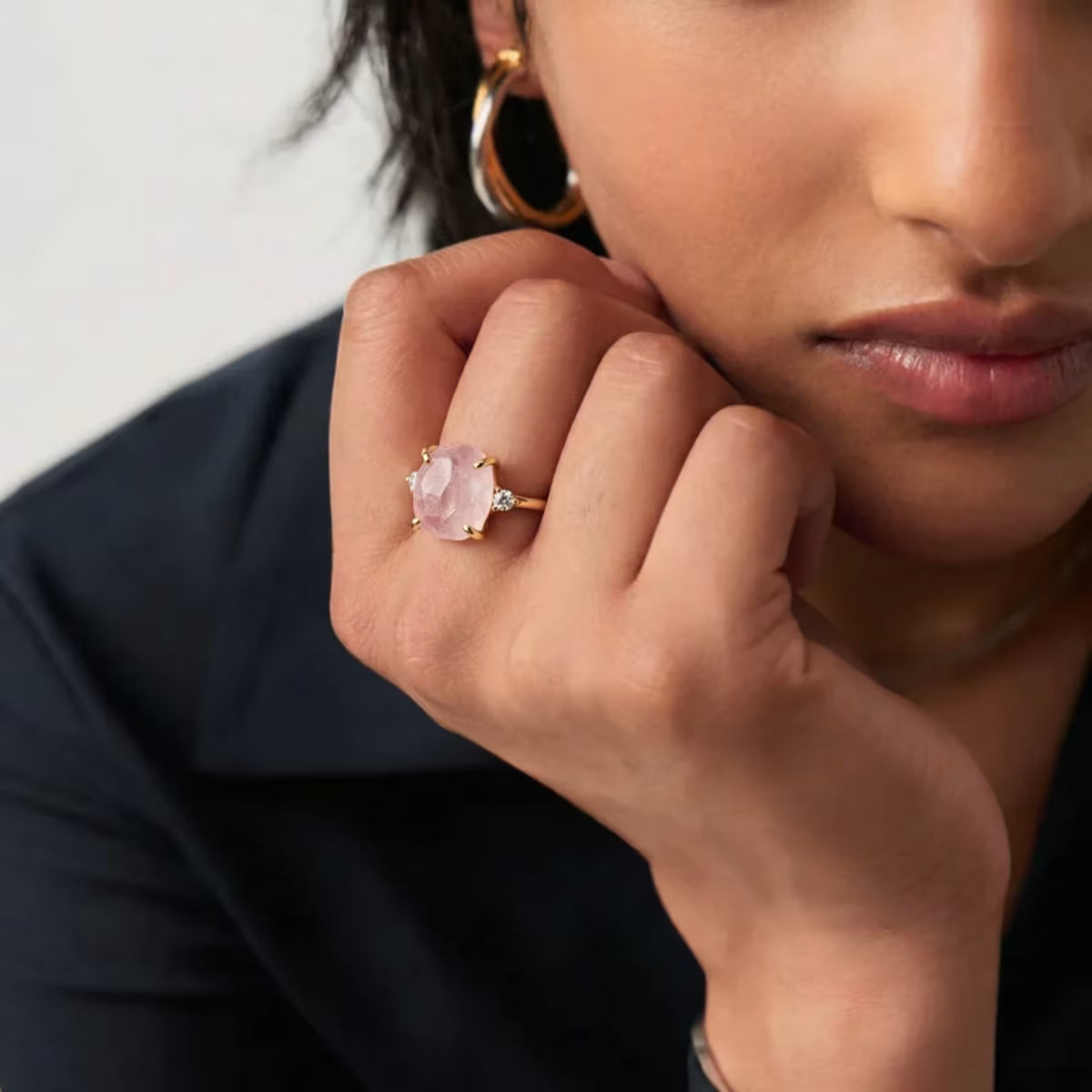 Raw Rose Quartz Ring from above on neutral background