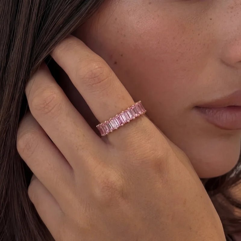 Quarzo Rosa Anello - Baguette Petalle