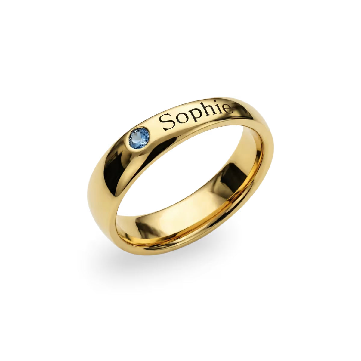 Personalised Name and Birthstone Ring in waterproof gold finish