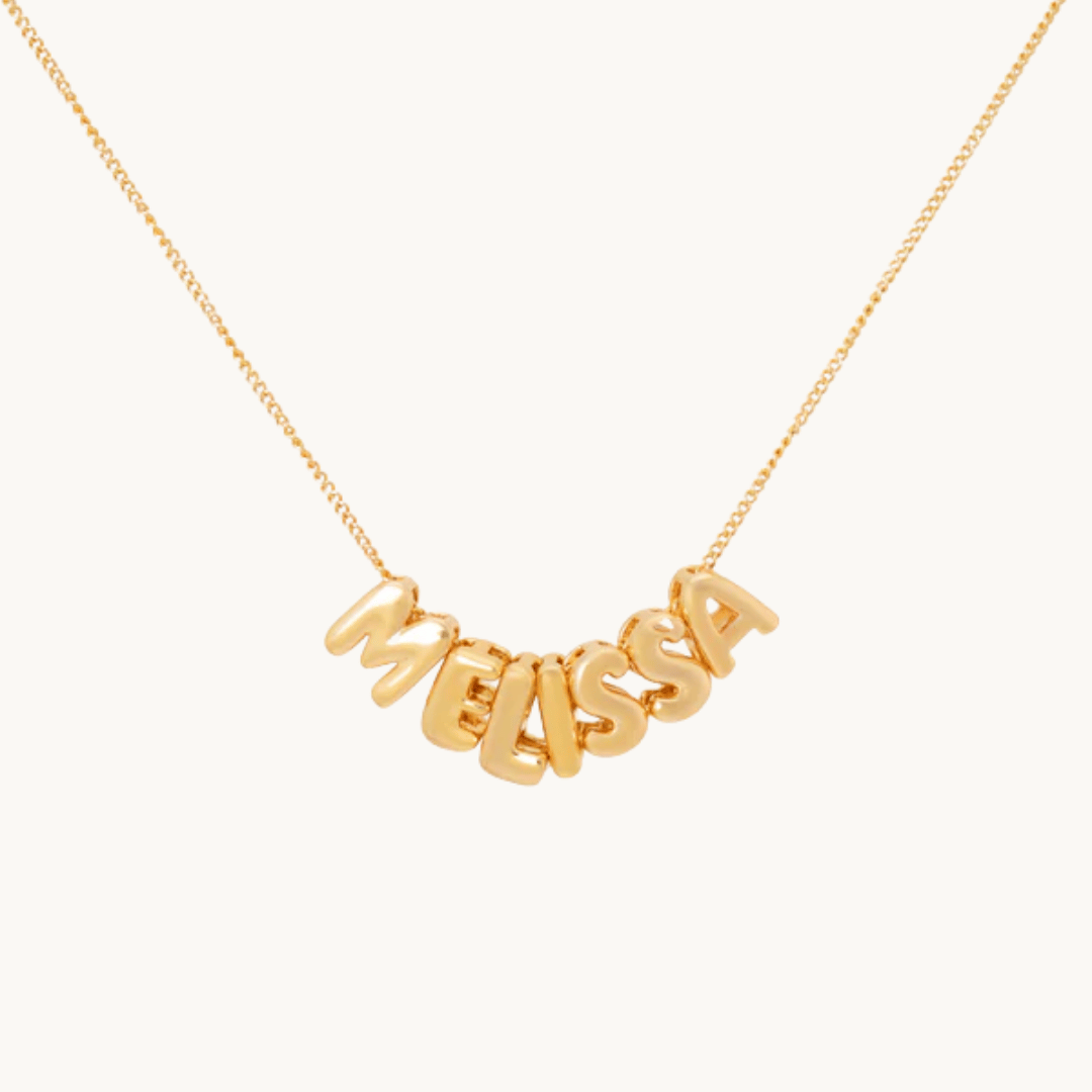 bold 3D bubble letter necklace in gold – personalised name pendant, Moonela jewelry