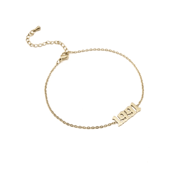 birth year anklet personalised gold old english numerals waterproof initial jewellery UK