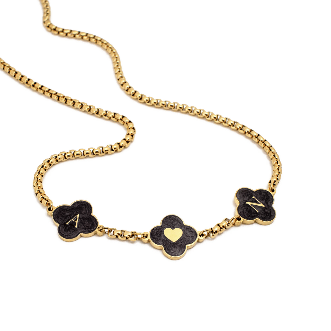 Black Enamel Clover Necklace – Personalised & Elegant