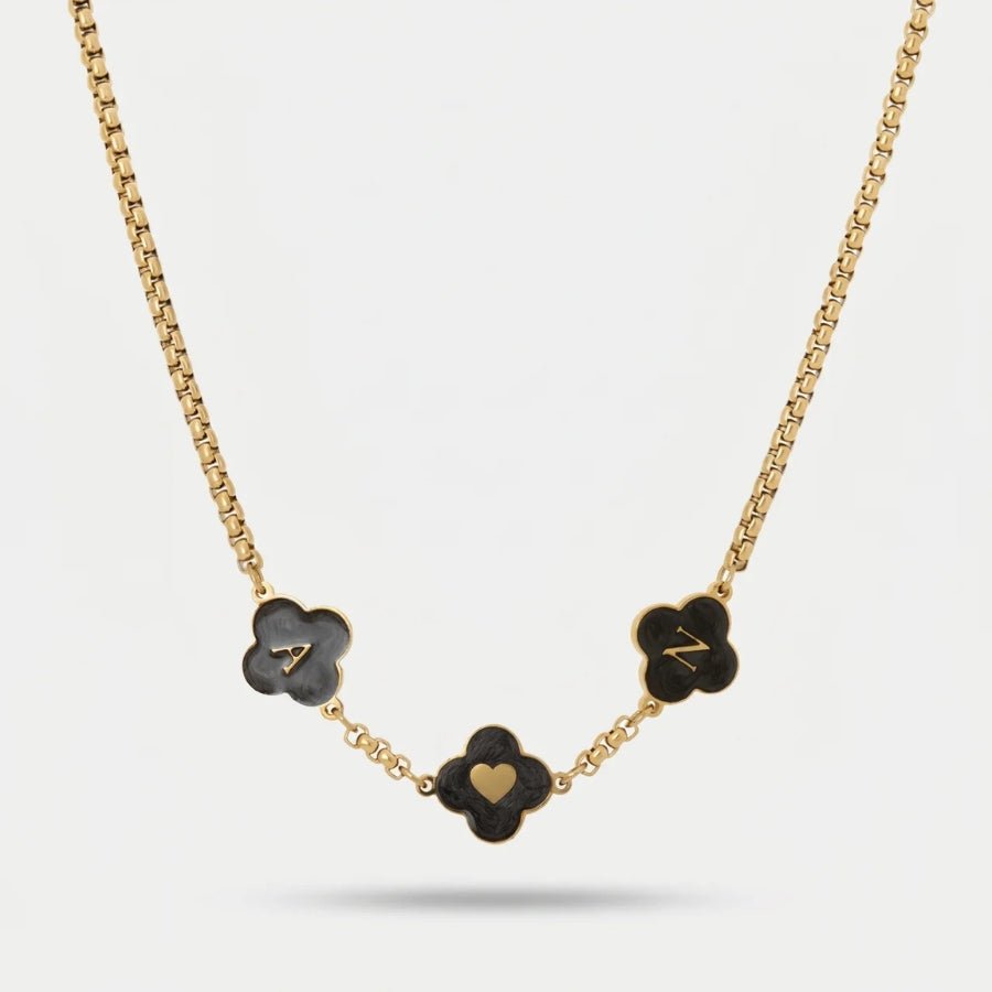 Initial Charm Necklace - Black Enamel Clover Gold in 18K gold
