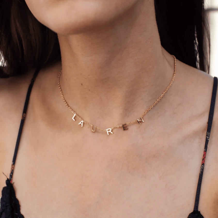 Dangling Letters Necklace with individual suspended letters, 2020s deconstructed name necklace