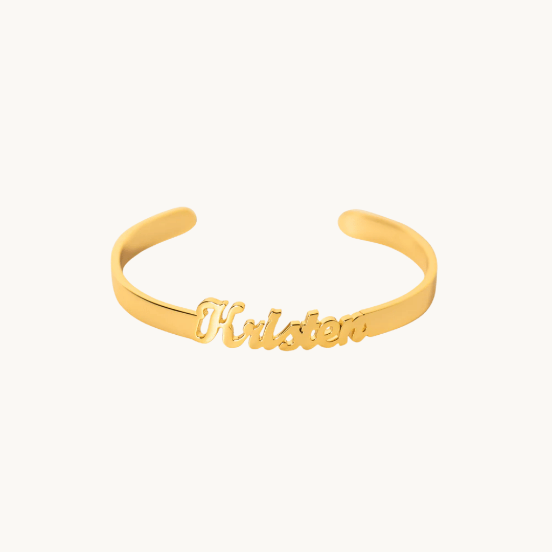 gold personalised cuff bracelet with engraved name – waterproof