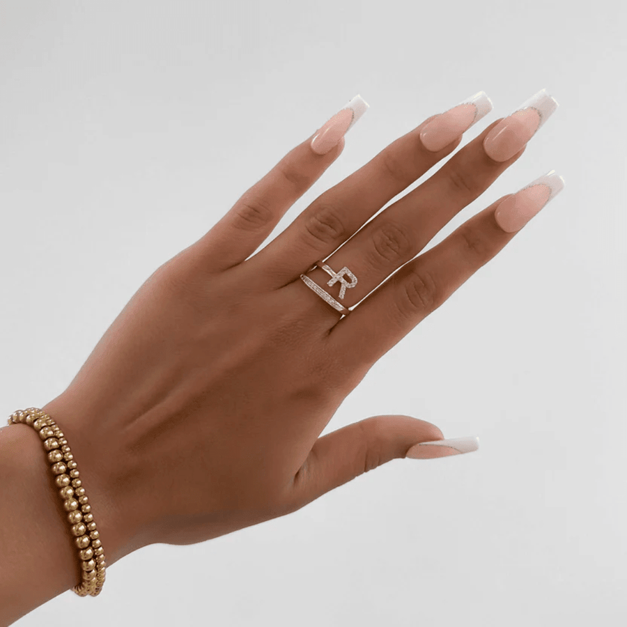 Icy Initial Ring with cubic zirconia pave initial in gold, bold personalised Christmas gift