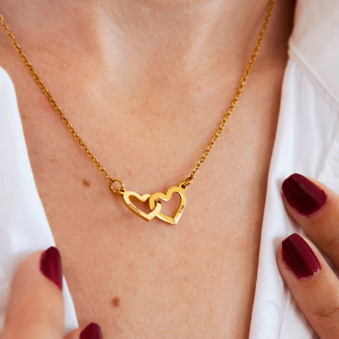 woman wearing personalised gold double name necklace – elegant Moonela jewellery