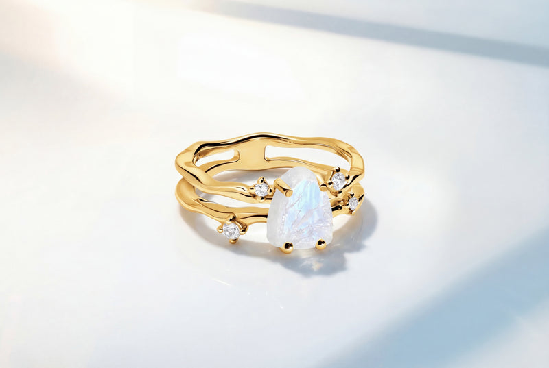 Raw Crystal Moonstone Ring by Moonela, lifestyle shot with natural light