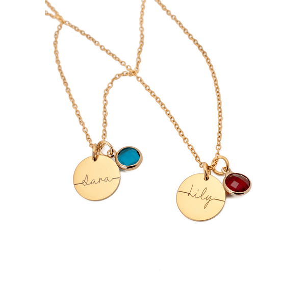 name and birthstone necklace gold personalised godmother gift with godchild name