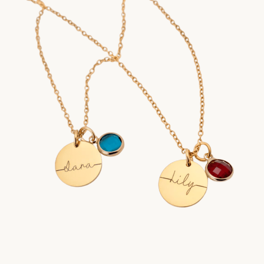 Gold name collier with birthstone gemstone personalised pendant Moonela