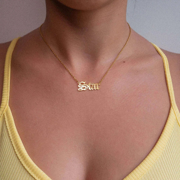 old english name plate necklace gold personalised gothic font initial jewellery waterproof 18k UK