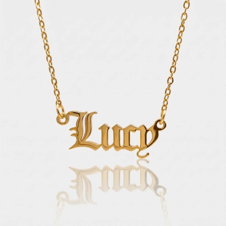 Old English Name Plate Necklace in 18K gold or sterling silver