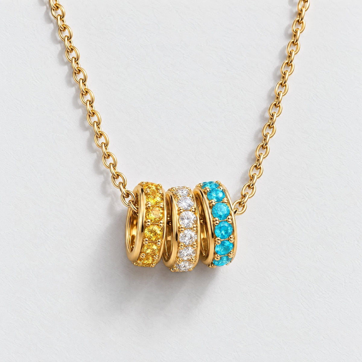 Pavé Ring Charms Custom Birthstone Necklace - Gold | Moonela