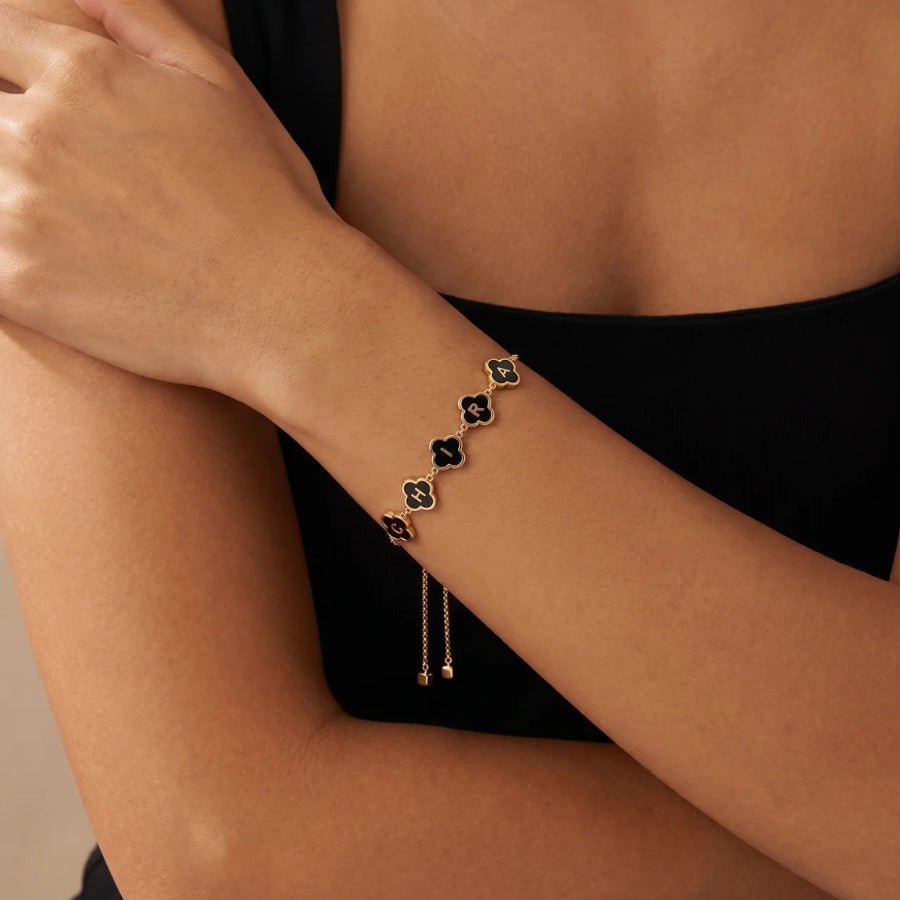Personalised Black Enamel Clover Bracelet close-up view