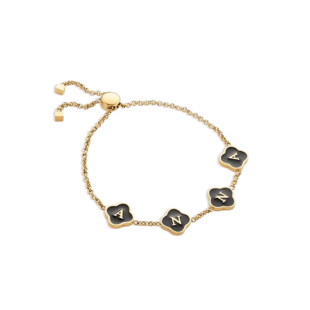 Personalised Black Enamel Clover Bracelet with initial, Moonela