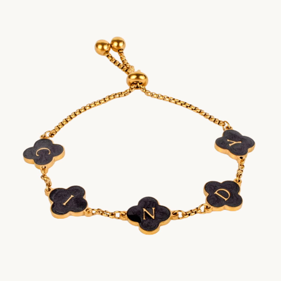 black enamel clover bracelet with personalised initials – gold-plated and adjustable