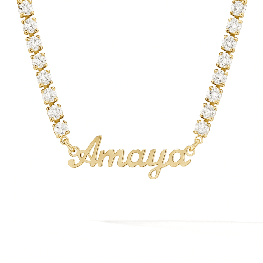 Custom tennis name collier gold zirconia personalised for teen UK