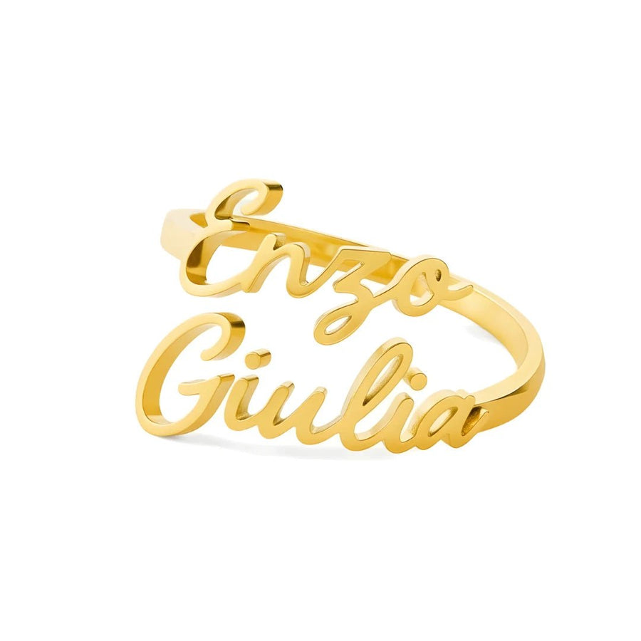 personalised two names gold ring for stacking by Moonela UK