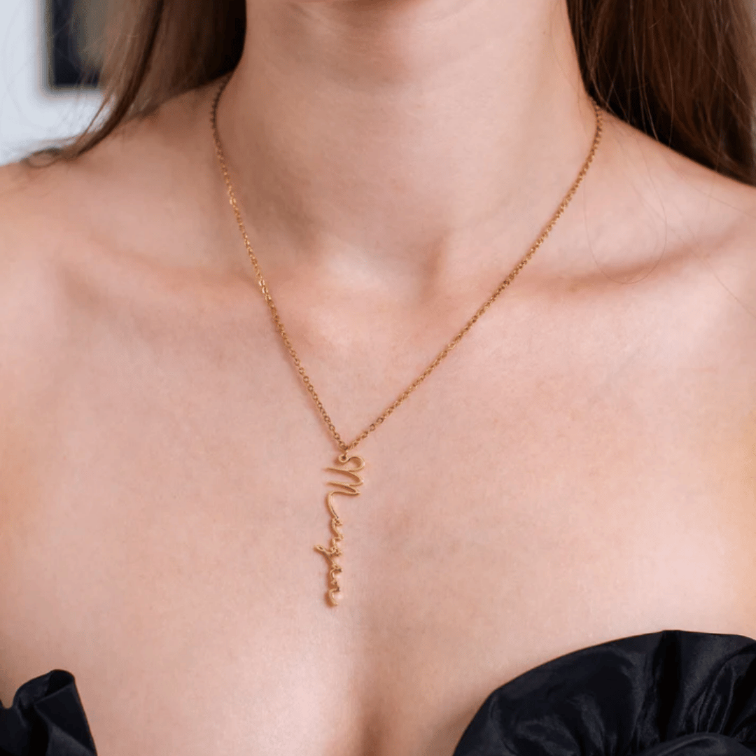 elegant vertical necklace with custom name – engraved jewellery worn